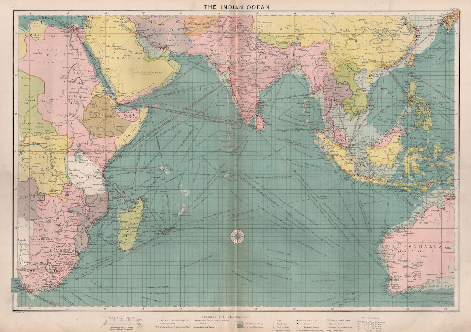 Indian Ocean sea chart. Ports lighthouses mail routes dockyards. LARGE 1918 map
